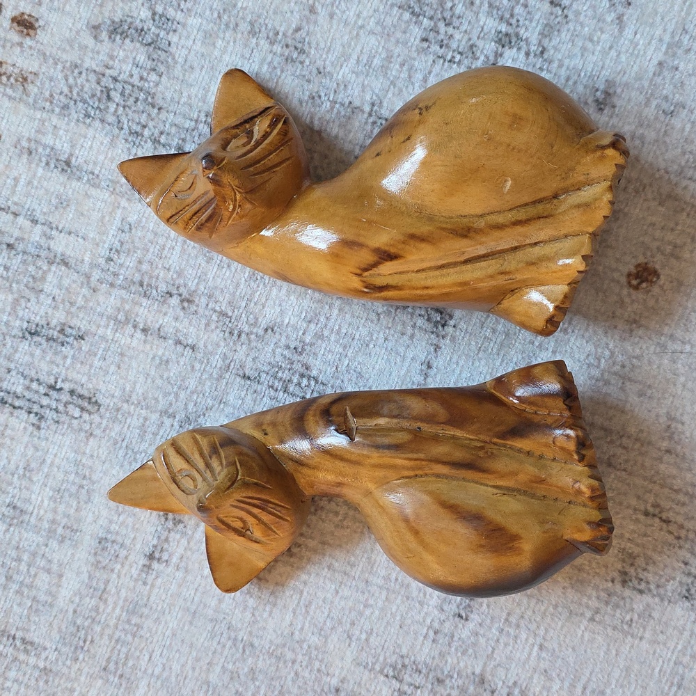 MCM Hand-carved Wooden Cat (2) Figurines Minimalist Decor